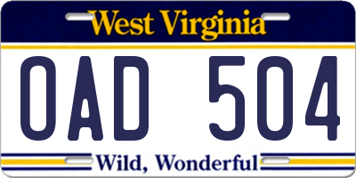 WV license plate OAD504