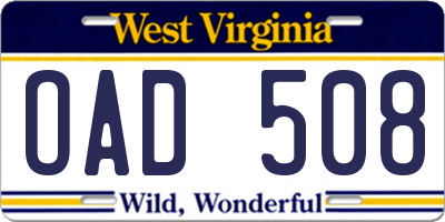 WV license plate OAD508