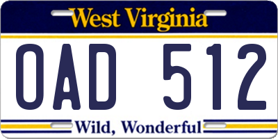 WV license plate OAD512