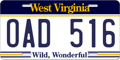 WV license plate OAD516