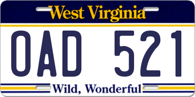 WV license plate OAD521