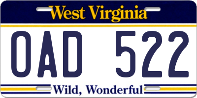 WV license plate OAD522