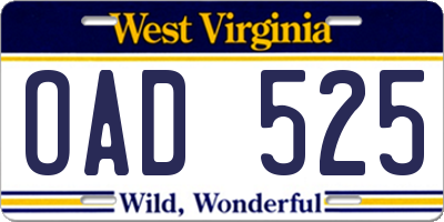 WV license plate OAD525