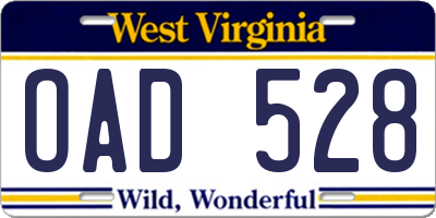WV license plate OAD528