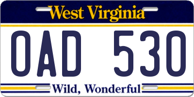 WV license plate OAD530