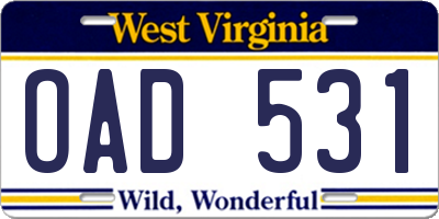 WV license plate OAD531