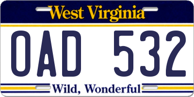 WV license plate OAD532
