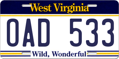 WV license plate OAD533