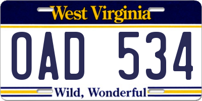 WV license plate OAD534