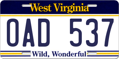 WV license plate OAD537