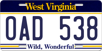 WV license plate OAD538