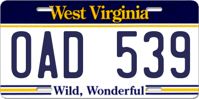 WV license plate OAD539
