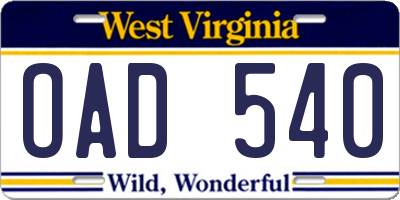 WV license plate OAD540