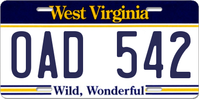 WV license plate OAD542