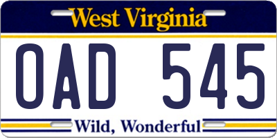 WV license plate OAD545