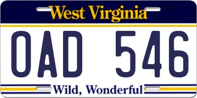 WV license plate OAD546
