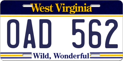 WV license plate OAD562