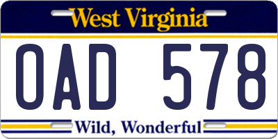 WV license plate OAD578