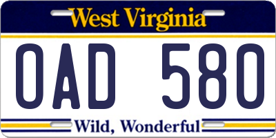 WV license plate OAD580