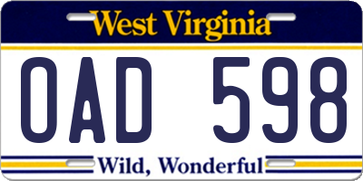WV license plate OAD598