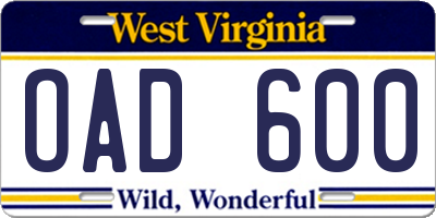WV license plate OAD600