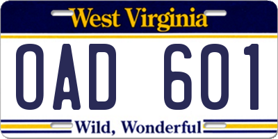 WV license plate OAD601