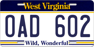WV license plate OAD602