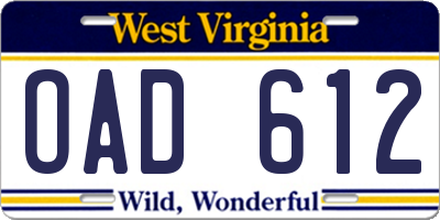 WV license plate OAD612