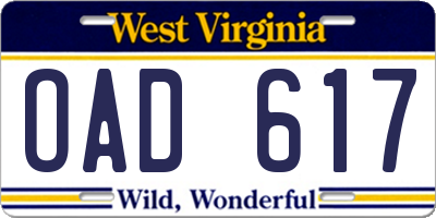 WV license plate OAD617