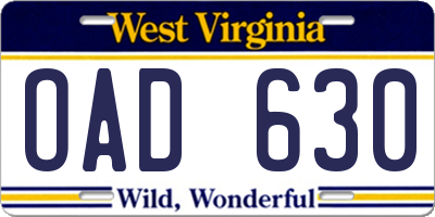 WV license plate OAD630