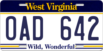 WV license plate OAD642