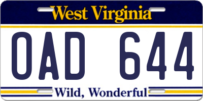WV license plate OAD644