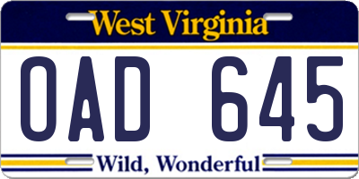 WV license plate OAD645