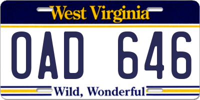 WV license plate OAD646