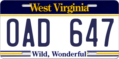WV license plate OAD647