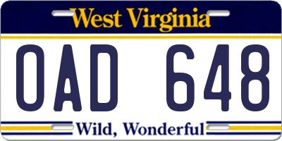 WV license plate OAD648