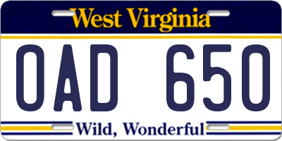 WV license plate OAD650