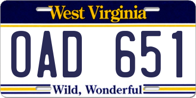 WV license plate OAD651