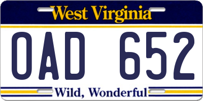 WV license plate OAD652