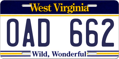 WV license plate OAD662