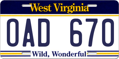 WV license plate OAD670