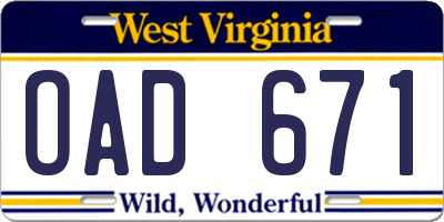 WV license plate OAD671