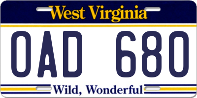 WV license plate OAD680