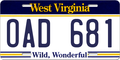 WV license plate OAD681