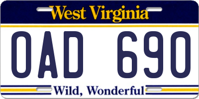 WV license plate OAD690
