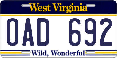 WV license plate OAD692