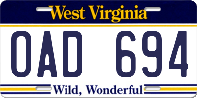 WV license plate OAD694