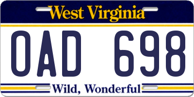 WV license plate OAD698