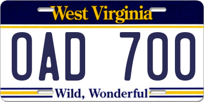 WV license plate OAD700