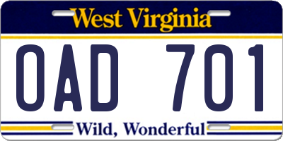 WV license plate OAD701